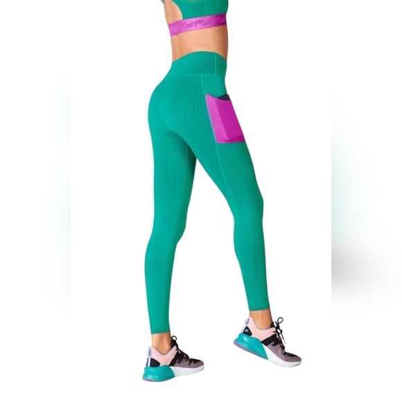 Fabletics High-Waisted SculptKnit Pocket Leggings Dark Jade/Fiesta Green Pink SM - Picture 1 of 13